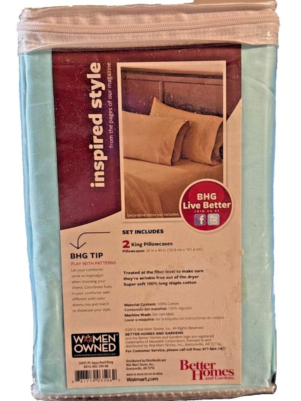 BHG King Size 300 Thread Count Wrinkle Free Cotton Pillowcase Aqua Reef Sage Grn